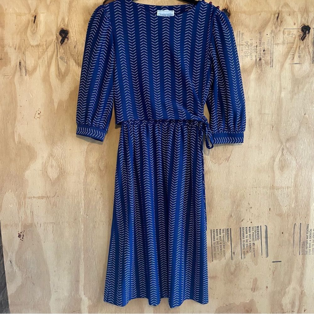 Vintage Periwinkle 80s Geometric Arrow Print Blue Puff Sleeve Dress Sz 10 - Picture 3 of 11